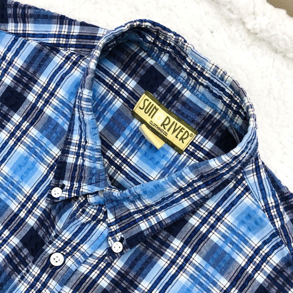 Sun River Button Shirt Mens L Blue Plaid SEERSUCKER‎ Short Sleeve Casual Cotton